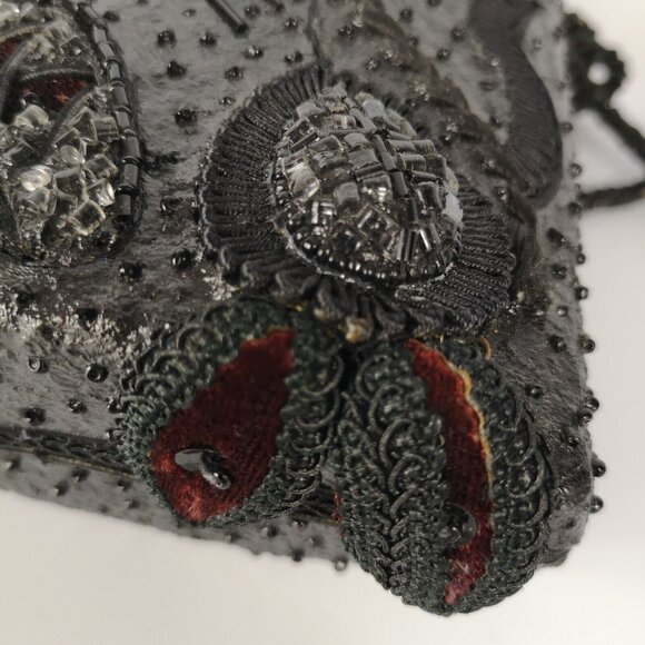 VTG Mary Frances Black Burgundy Velvet Embellished Beaded Small Shoulder Bag - Picture 13 of 16